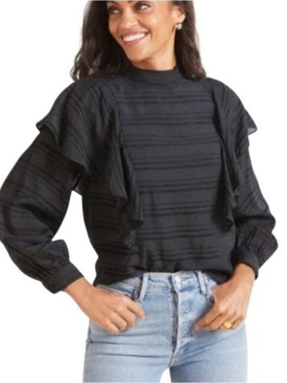 Allison Joy Black Ruffle-Trim Puff Sleeve Blouse